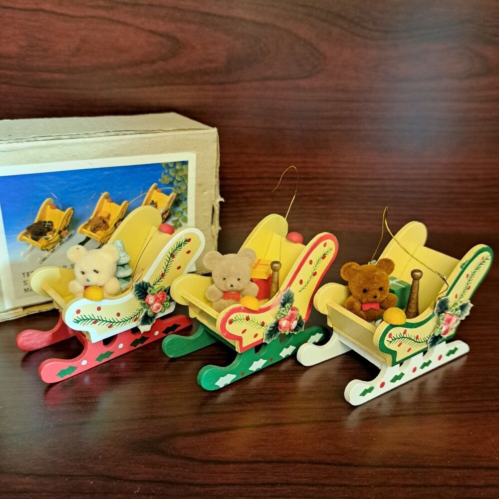 Vintage Teddy Bear Sled Ornaments Christmas Around The World 54-250, Set of 3